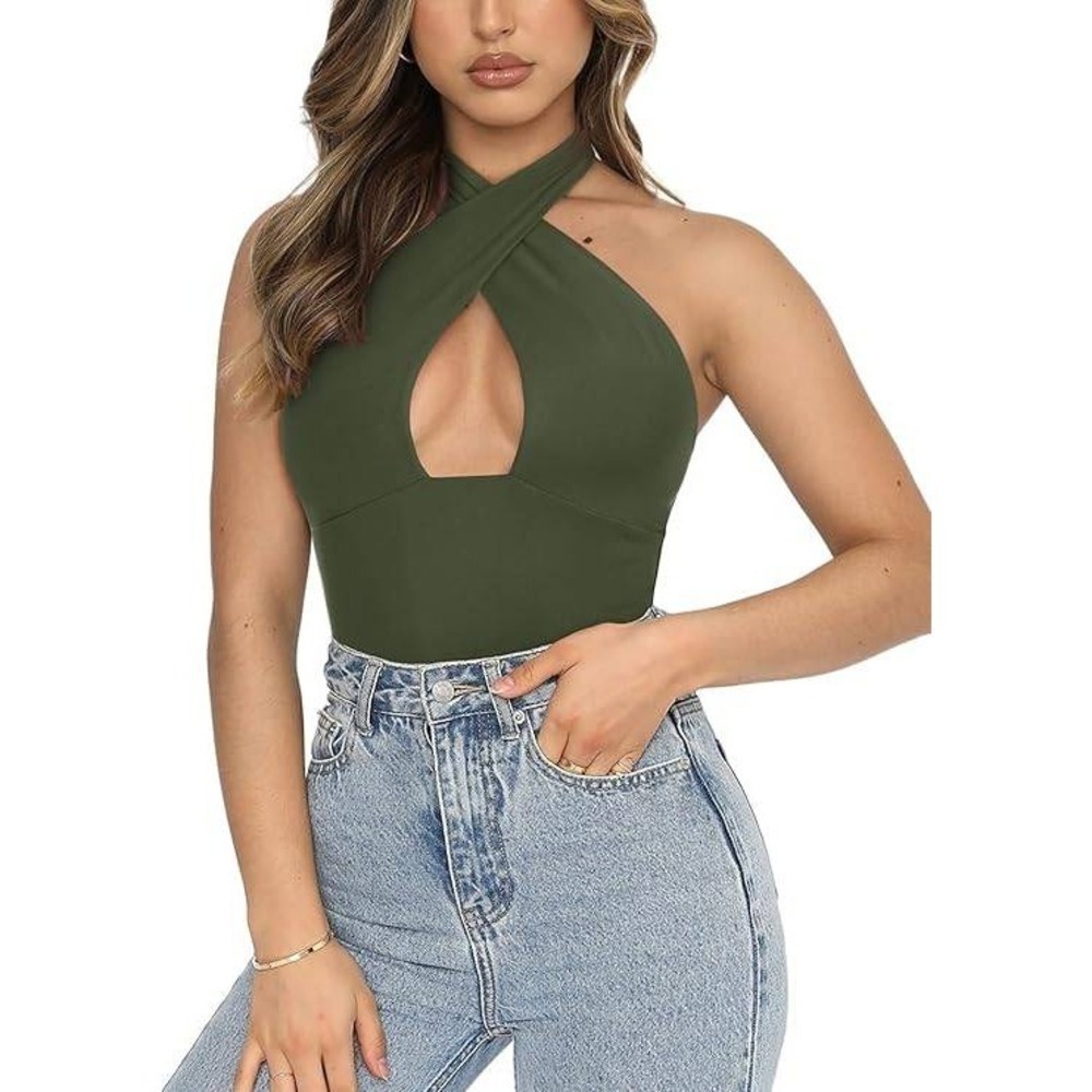 Reoria Green Criss Cross Halter Bodysuit Sleeveless Casual‎ Top Size Small